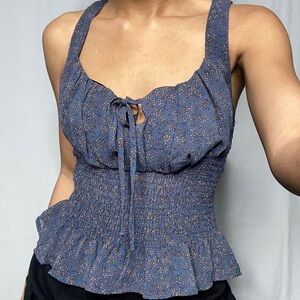 SOLD - Papaya Peplum Bustier Sleeveless Top in Denim Blue Floral